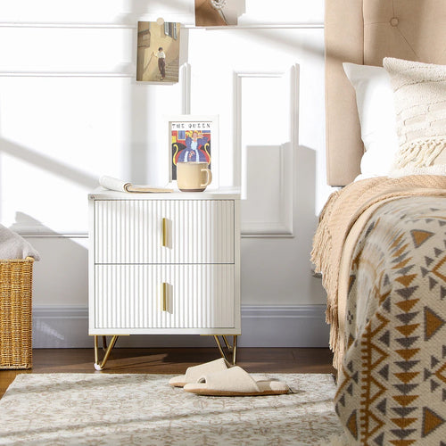 Bedside Table with 2 Drawers Gold Legs Side Table Nightstand Bedroom Furniture