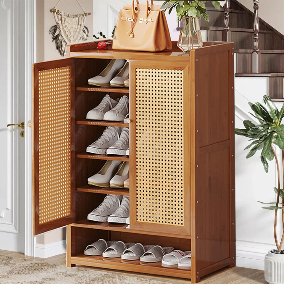 Shoe Cabinet Storage Cupboard Footwear Stand Rack Wooden Double Rattan Doors