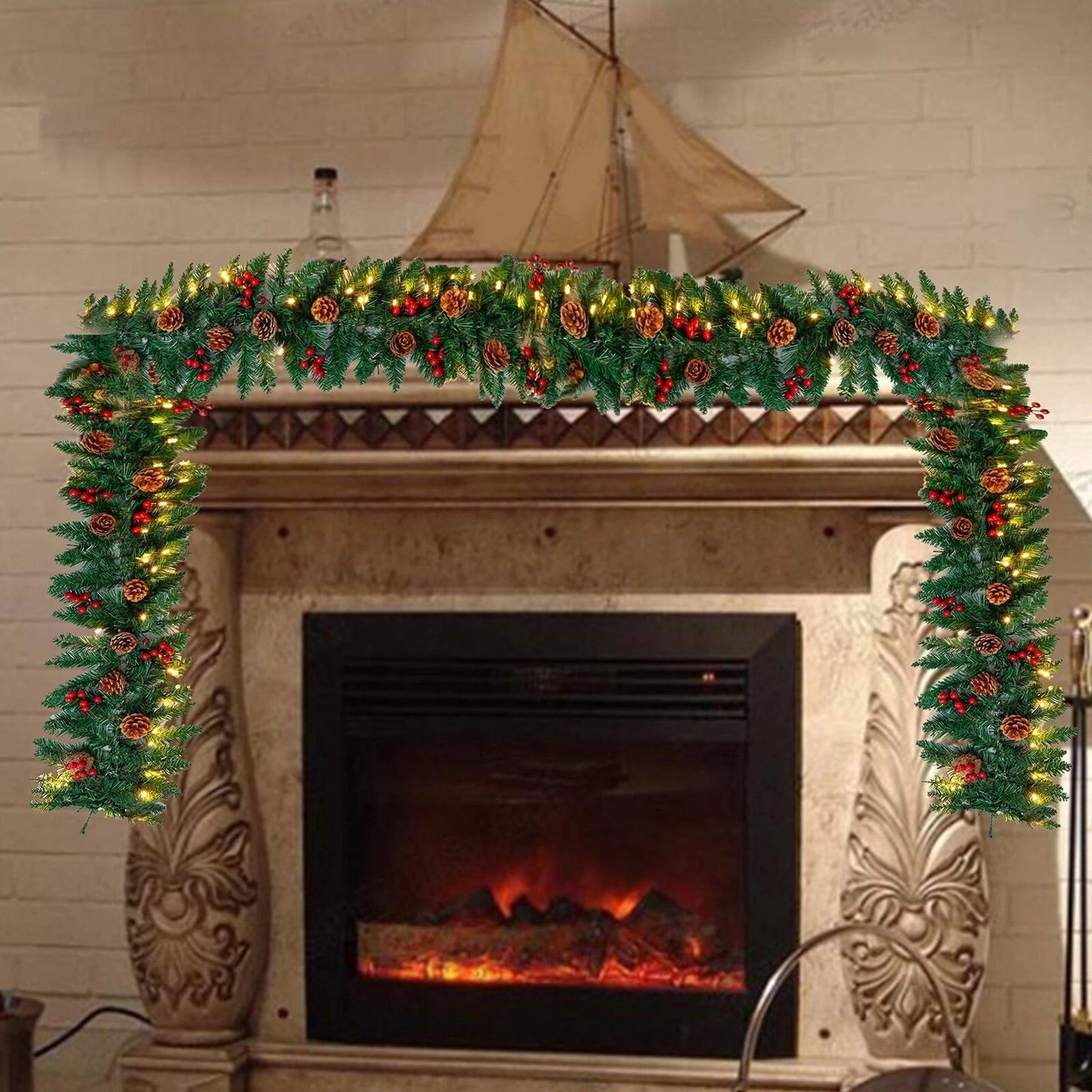 9ft Christmas Garland Snow Flocked With Lights Pinecones Berries Wreath Bushy