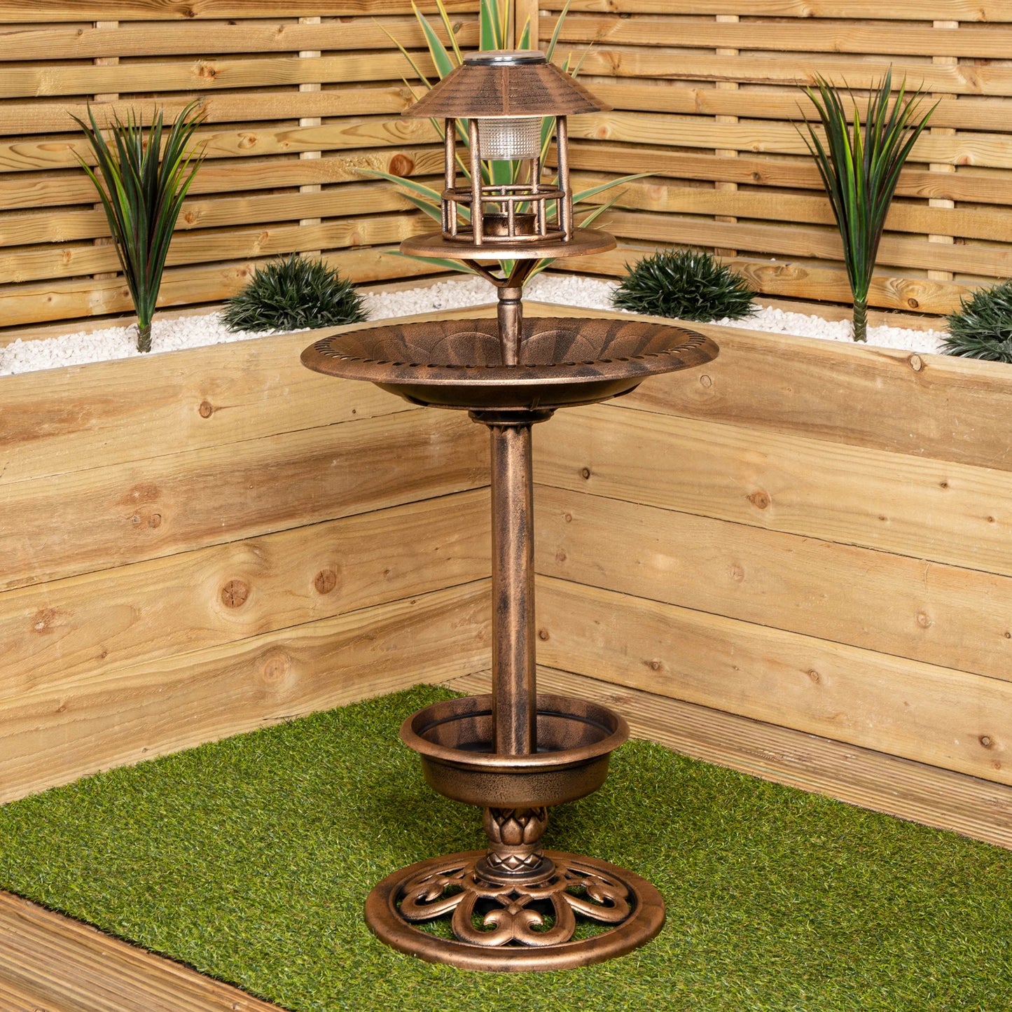 110cm Bronze Effect Resin Garden Bird Bath & Table with Solar Light