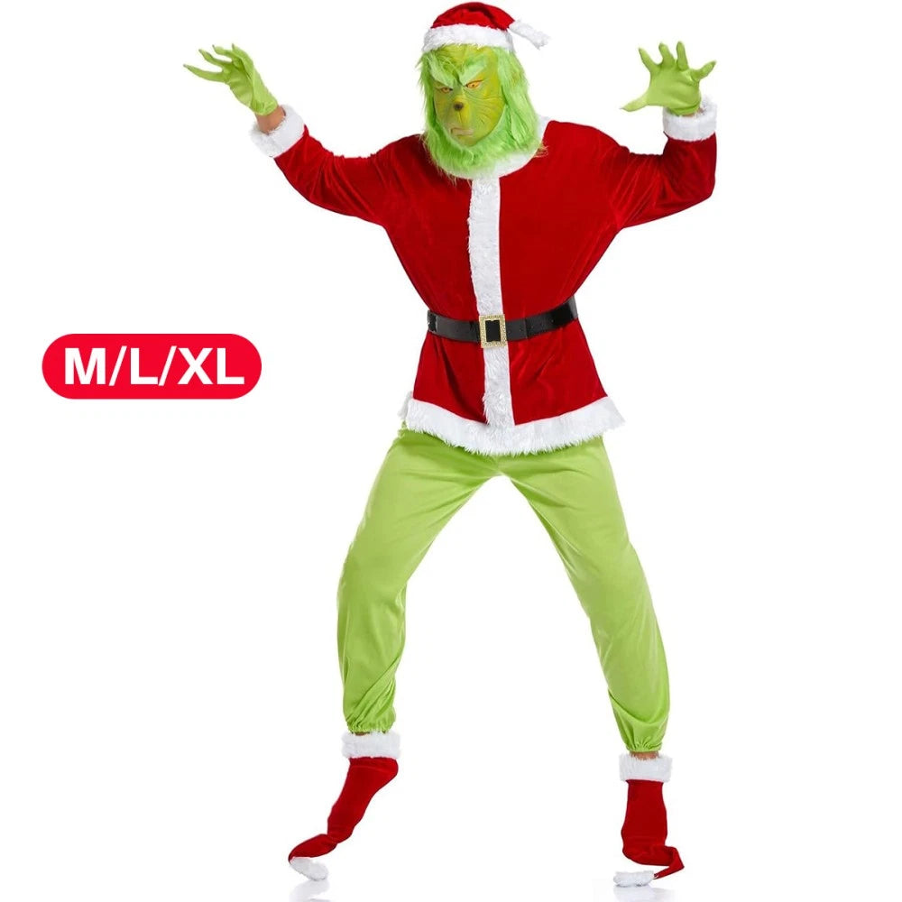 Adult Santa Grinch Costume Xmas Cosplay Men Christmas Santa Fancy Dress Full Set