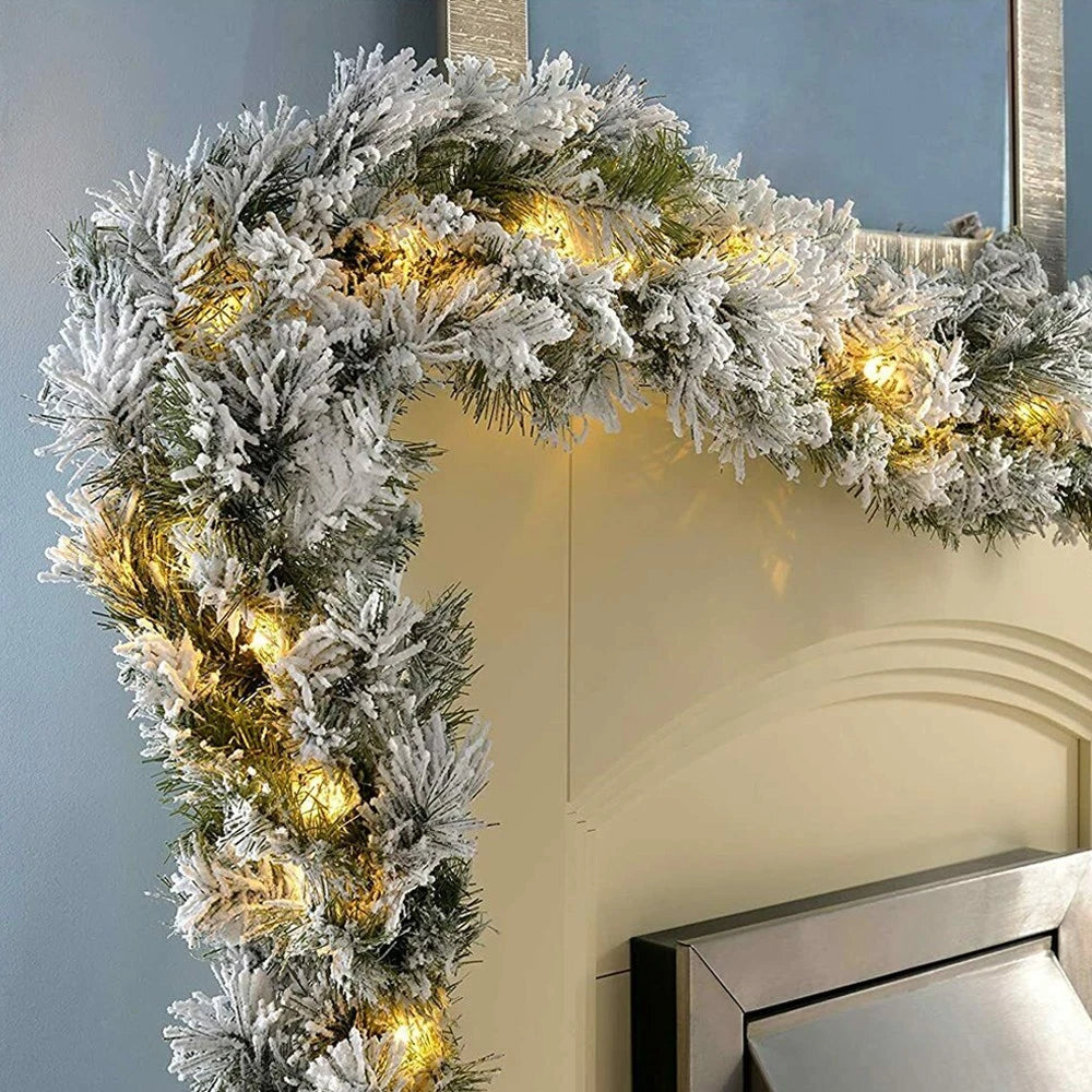 9Ft Christmas LED Pre Lit Garland Snow Flocked Artificial Wreath Xmas Decora