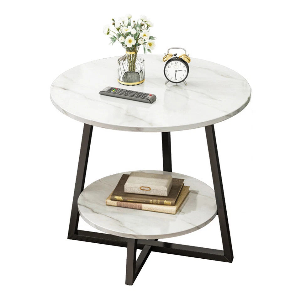 Round 2 Tier Coffee Table Side Table White Marble Effect End Table Living Room