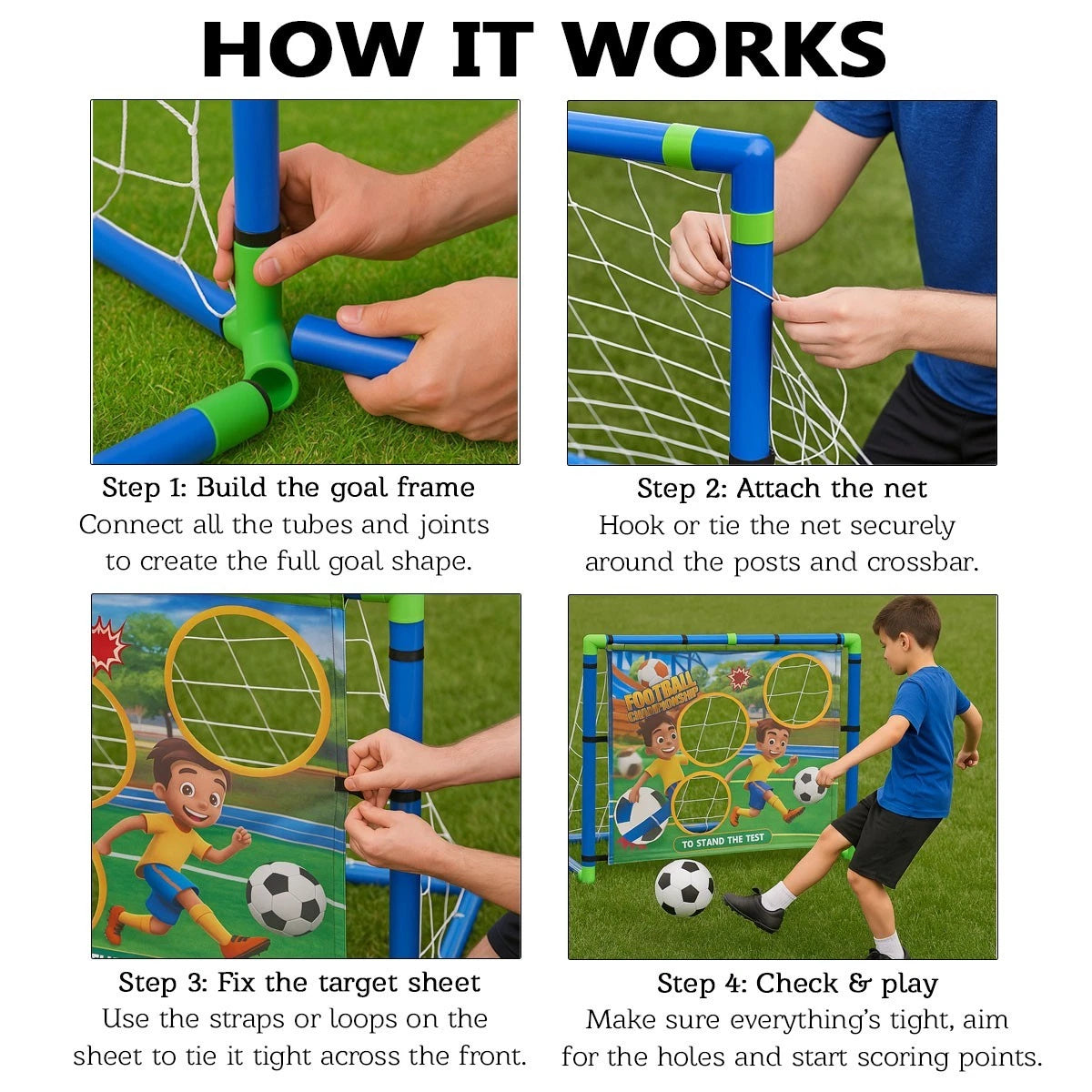 Kids 2in1 Portable Soccer Goal Post Up Football Target Board With Net, Ball Pump