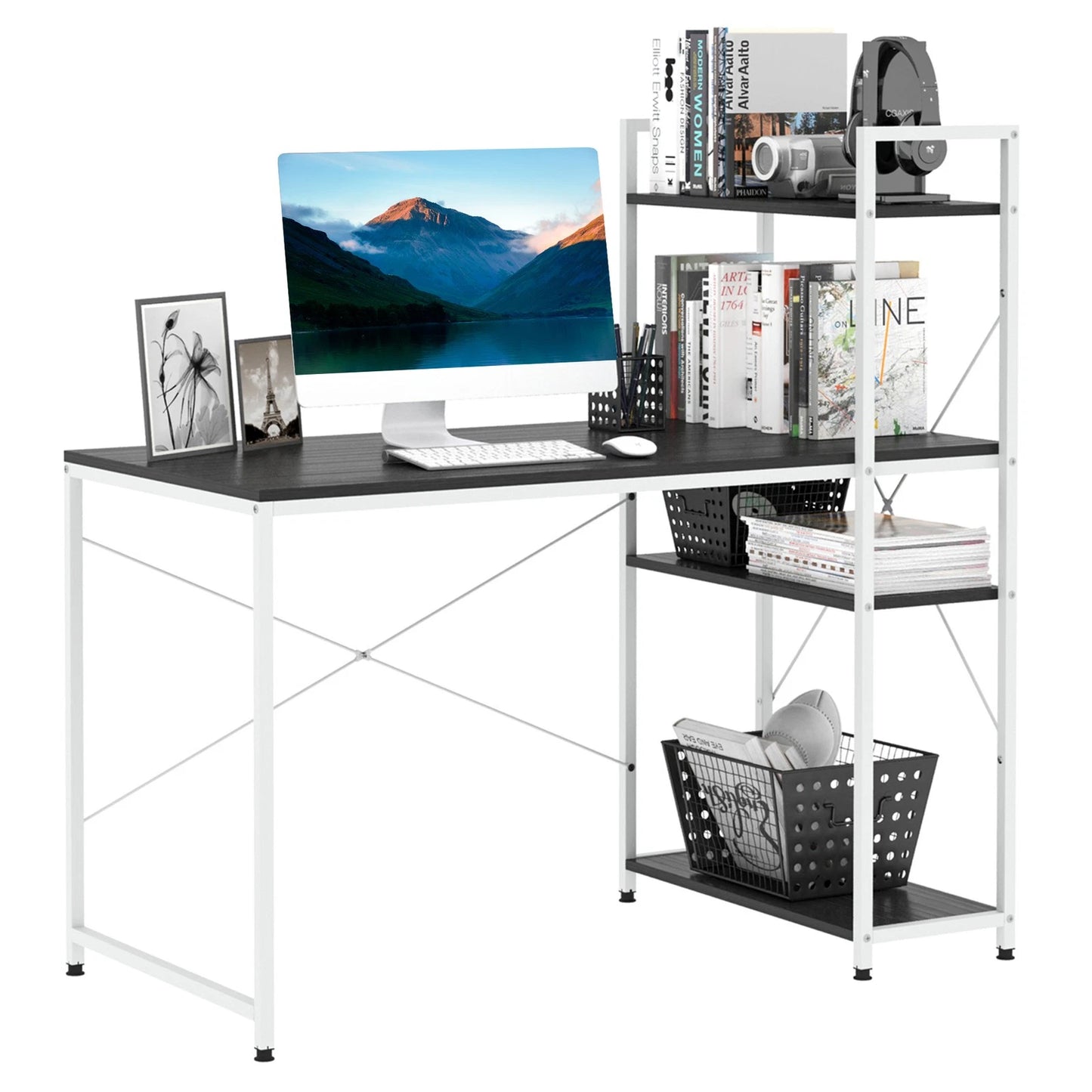 Computer Desk Laptop Table w/4-tier Bookshelf Metal Frame Black, White