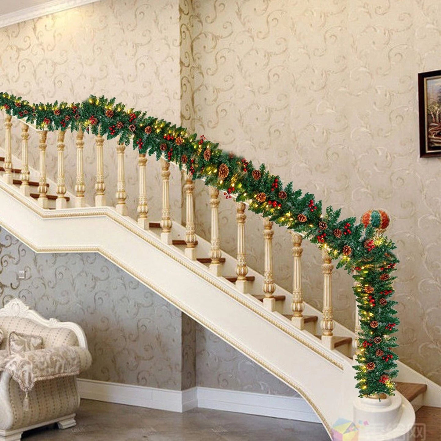 9ft Christmas Garland Snow Flocked With Lights Pinecones Berries Wreath Bushy