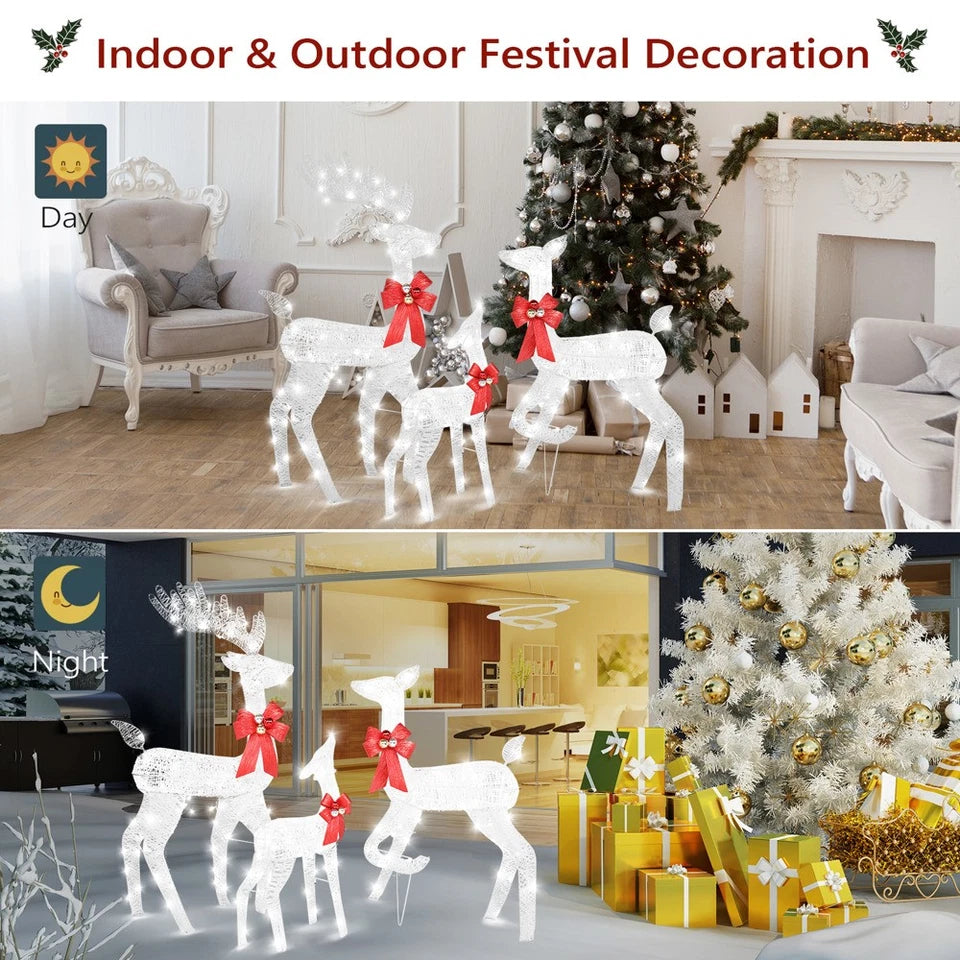 Set of 3 Light Up Reindeer Family Outdoor Christmas Decoration White Wire LED
