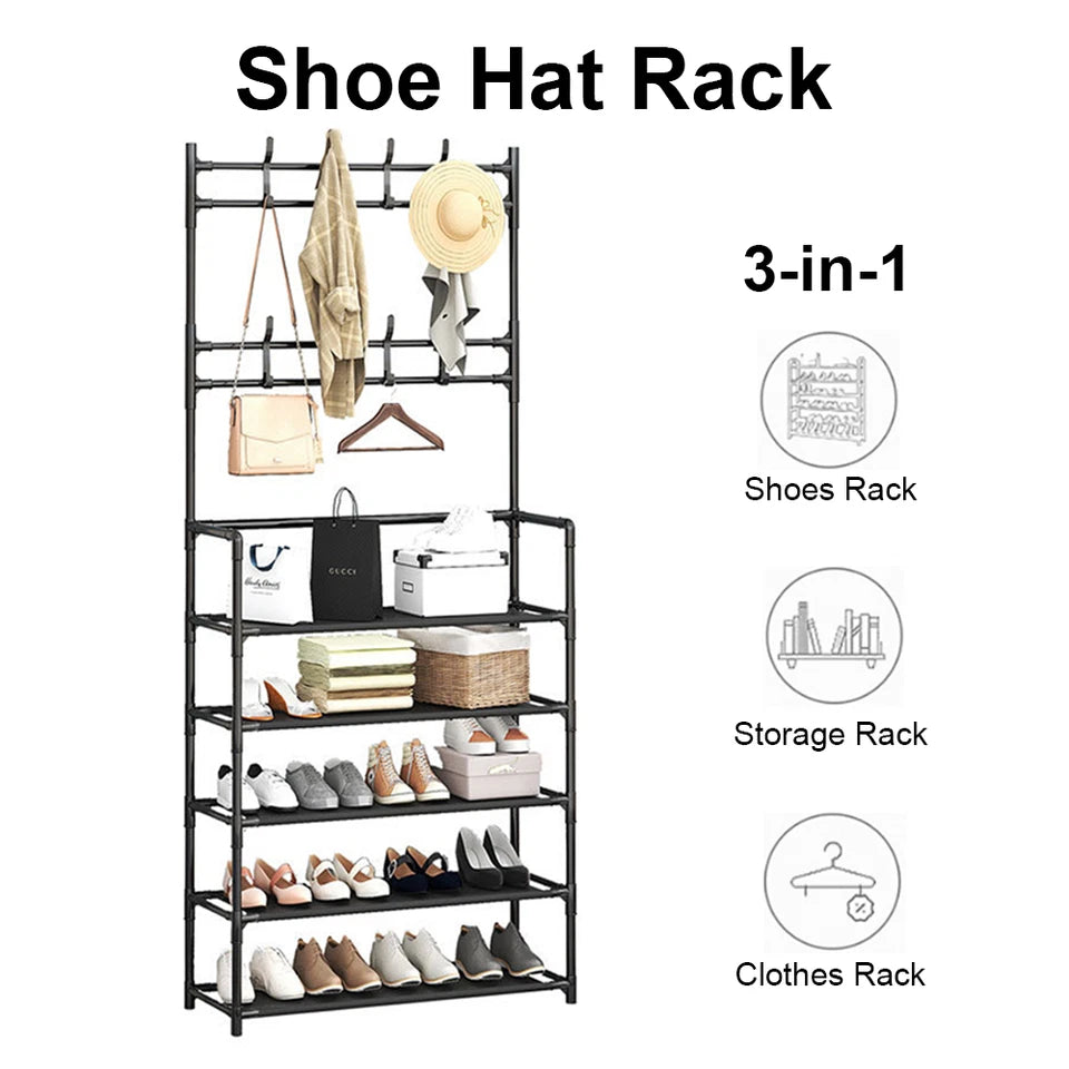 8 Hooks Coat and Hat Stand Metal + Plastic Shoe Rack Bedroom Shelf Hanger