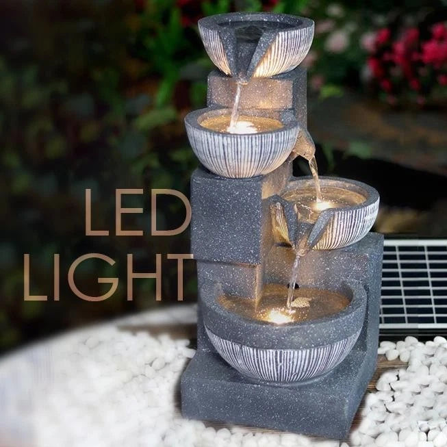 Solar Garden Water Feature Fountain Deco- ration 4 Tier Bowl LED Outdoor Indoor