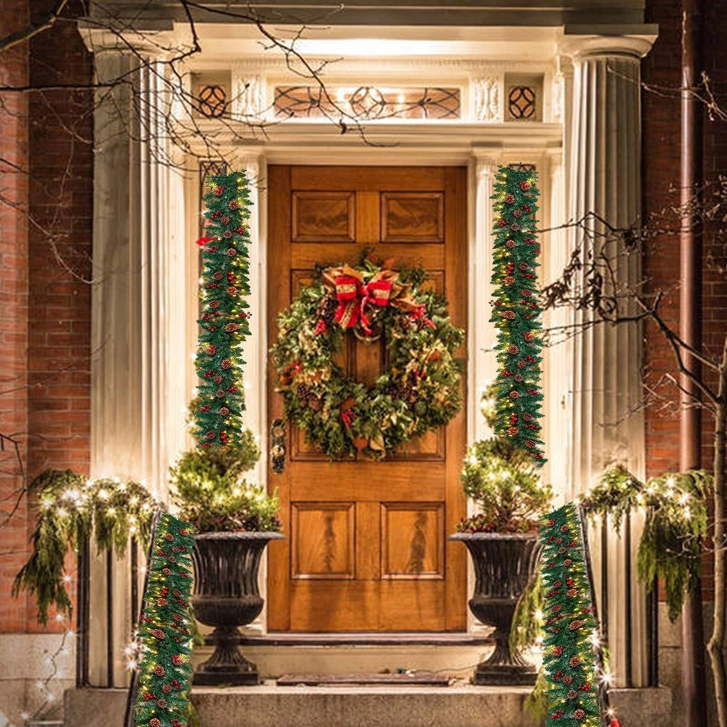 9ft Christmas Garland Snow Flocked With Lights Pinecones Berries Wreath Bushy
