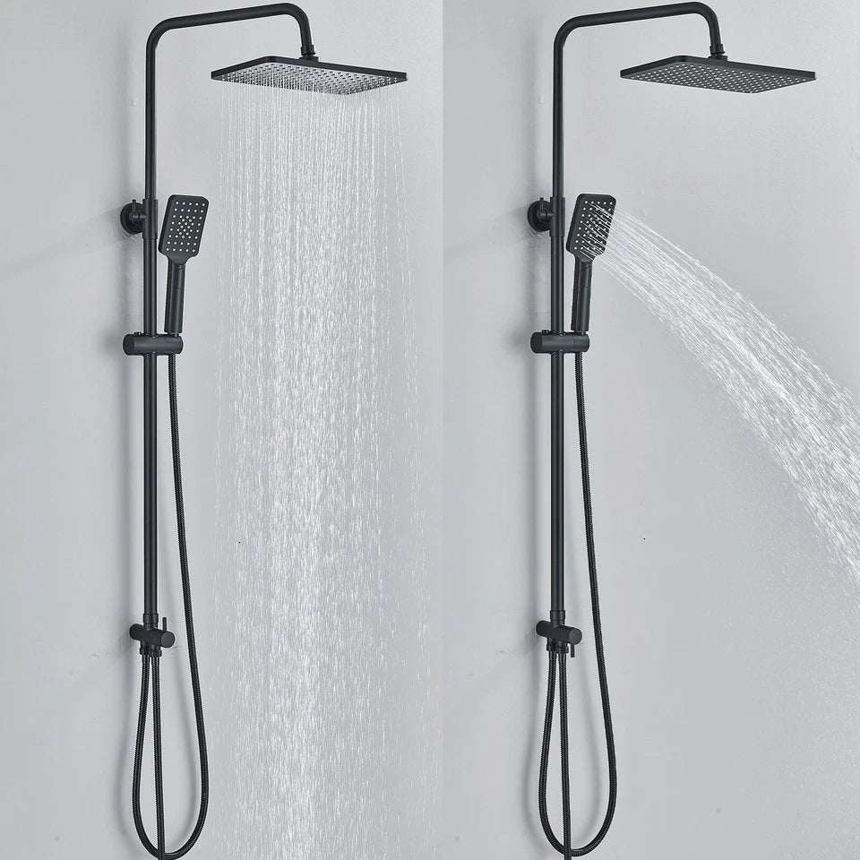 Black Exposed Bathroom Shower Twin Head Large Bar Set Square Valve Rail Hose Tap