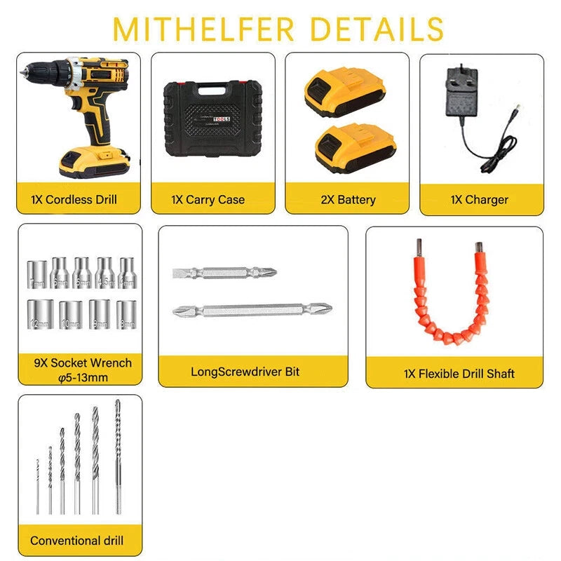 2 Battery 21V Cordless Drill Combi Driver High Power Electric Screwdriver Set UK