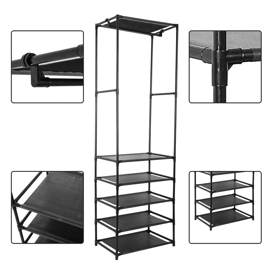 Heavy Duty Clothes Rail Garment Hanging Rack Shoe Storage Shelf Display Black