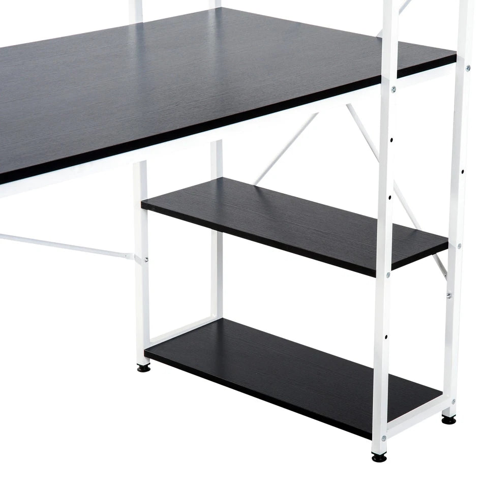 Computer Desk Laptop Table w/4-tier Bookshelf Metal Frame Black, White