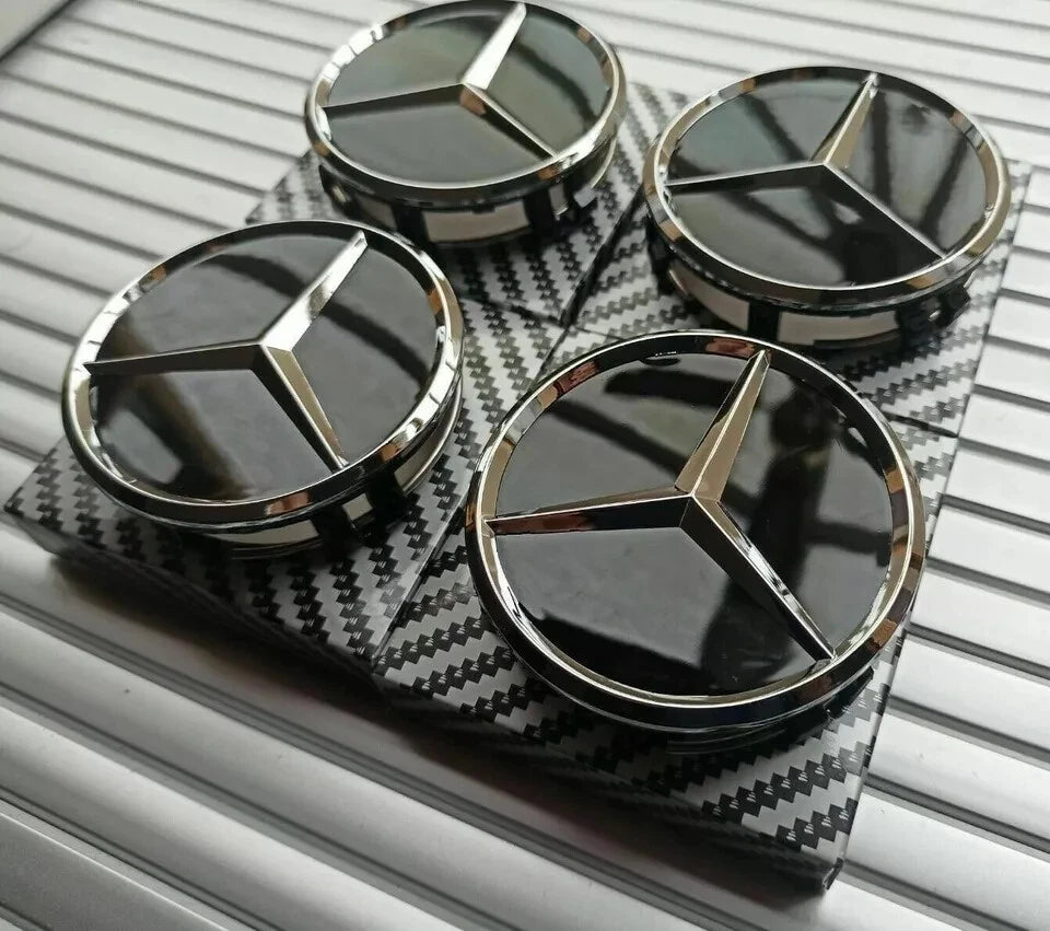 4 x Black Mercedes Benz 75mm Alloy Wheel Centre Caps AMG A B C E S M Class Hub.