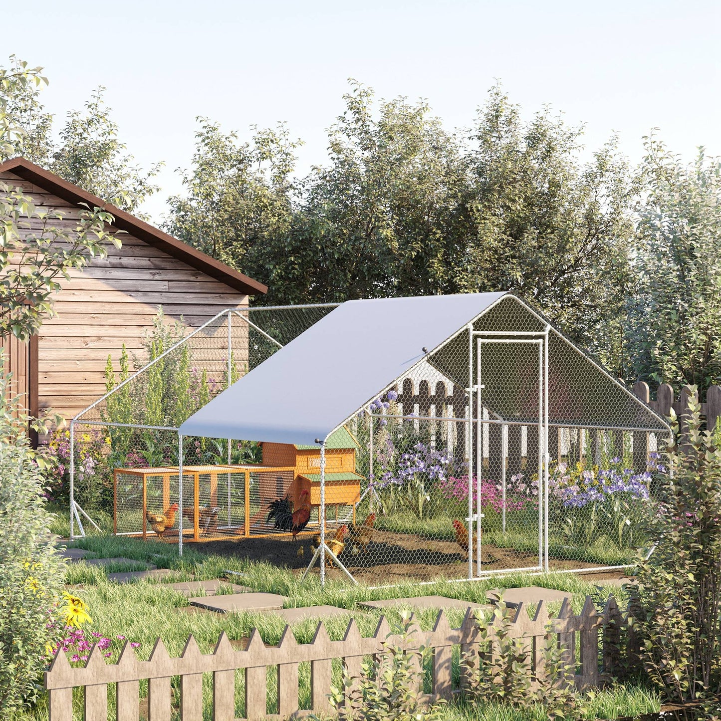 Walk In Chicken Run Galvanized Chicken Coop Hen House w/ Water-Resist Cover