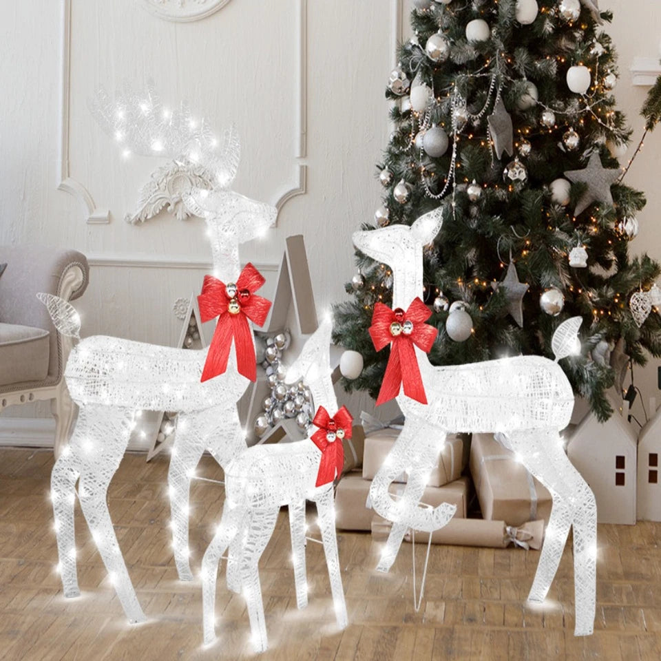 Set of 3 Light Up Reindeer Family Outdoor Christmas Decoration White Wire LED
