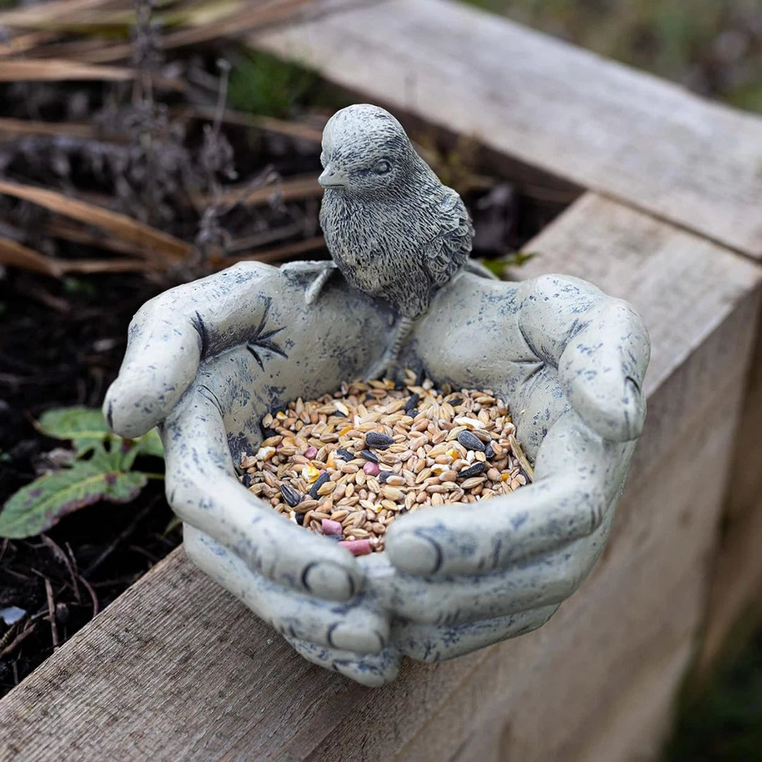 Bird Feeder Stone Effect Bath Garden Decor Hands Ornament Feeding Station Water