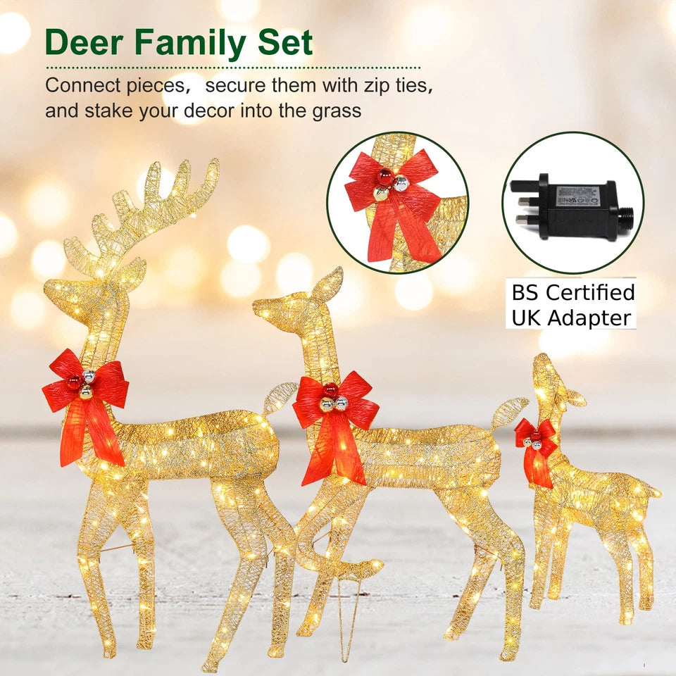 Set of 3 Pre lit Reindeer Deer Family LED Lights Outdoor Garden Xmas Decoration