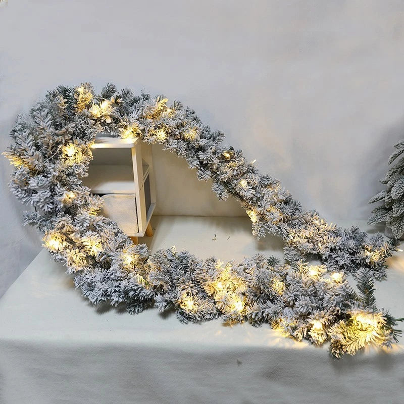 9Ft Christmas LED Pre Lit Garland Snow Flocked Artificial Wreath Xmas Decora