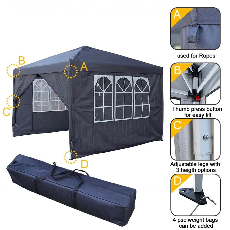 3x3M Heavy Duty Gazebo Marquee Popup Waterproof Garden Party Tent 4 WallSides