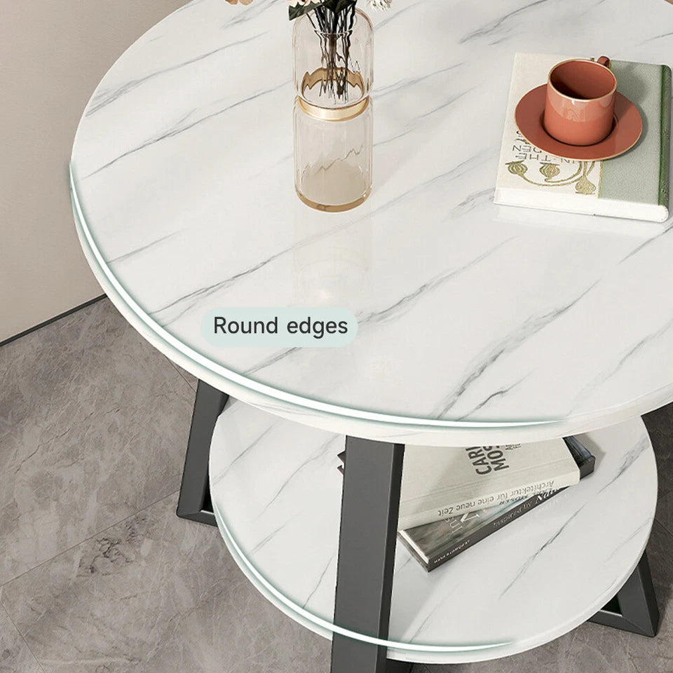 Round 2 Tier Coffee Table Side Table White Marble Effect End Table Living Room