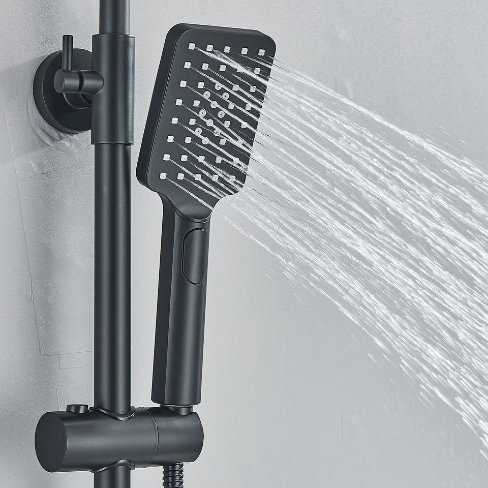 Black Exposed Bathroom Shower Twin Head Large Bar Set Square Valve Rail Hose Tap