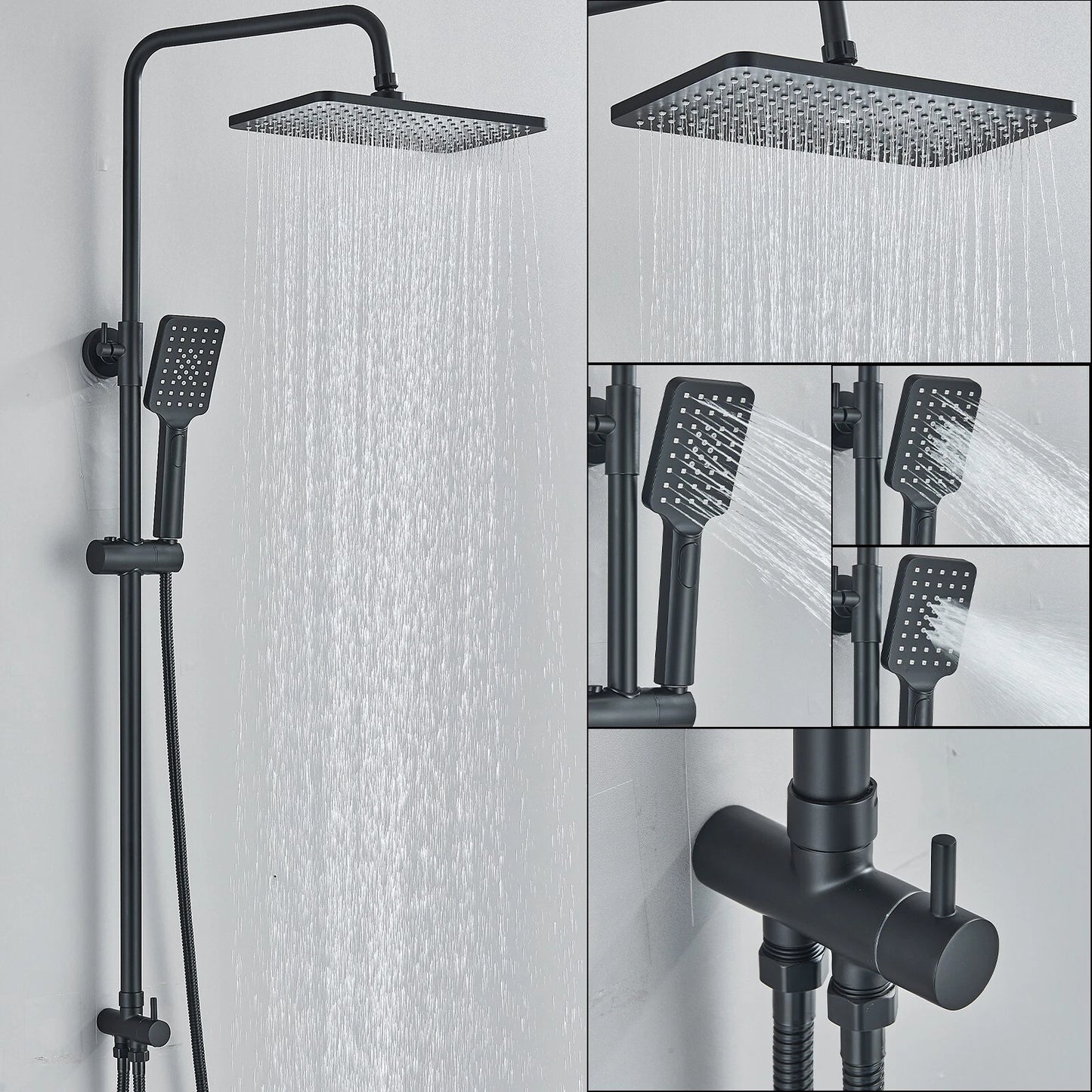 Black Exposed Bathroom Shower Twin Head Large Bar Set Square Valve Rail Hose Tap