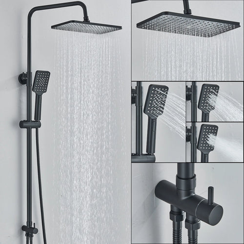 Black Exposed Bathroom Shower Twin Head Large Bar Set Square Valve Rail Hose Tap