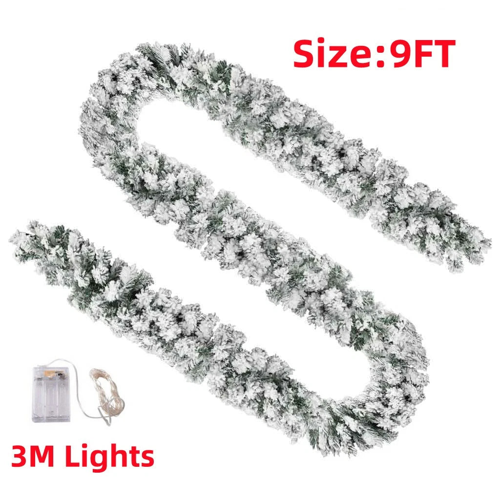 9Ft Christmas LED Pre Lit Garland Snow Flocked Artificial Wreath Xmas Decora
