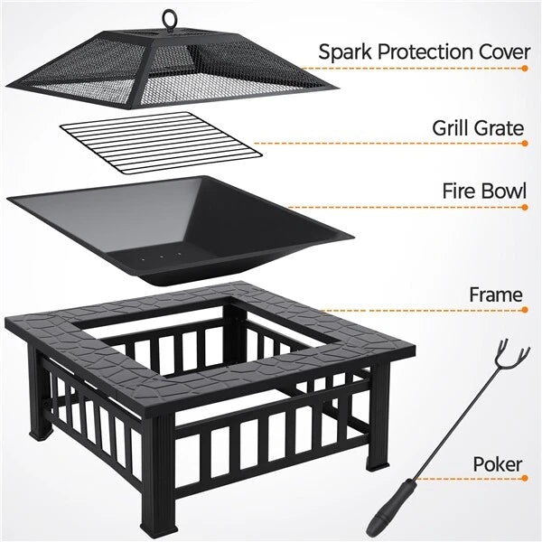 Large Fire Pit BBQ Outdoor Iron Grill Square Garden Table Patio Log Burner Stove