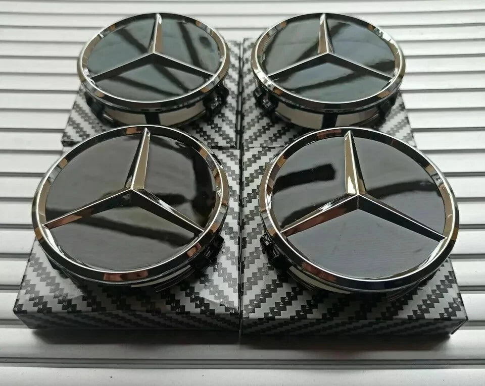 4 x Black Mercedes Benz 75mm Alloy Wheel Centre Caps AMG A B C E S M Class Hub.