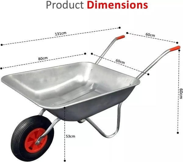 65L Wheelbarrow Heavy Duty Galvanised Home Garden Metal Cart with Pneumatic Tyre