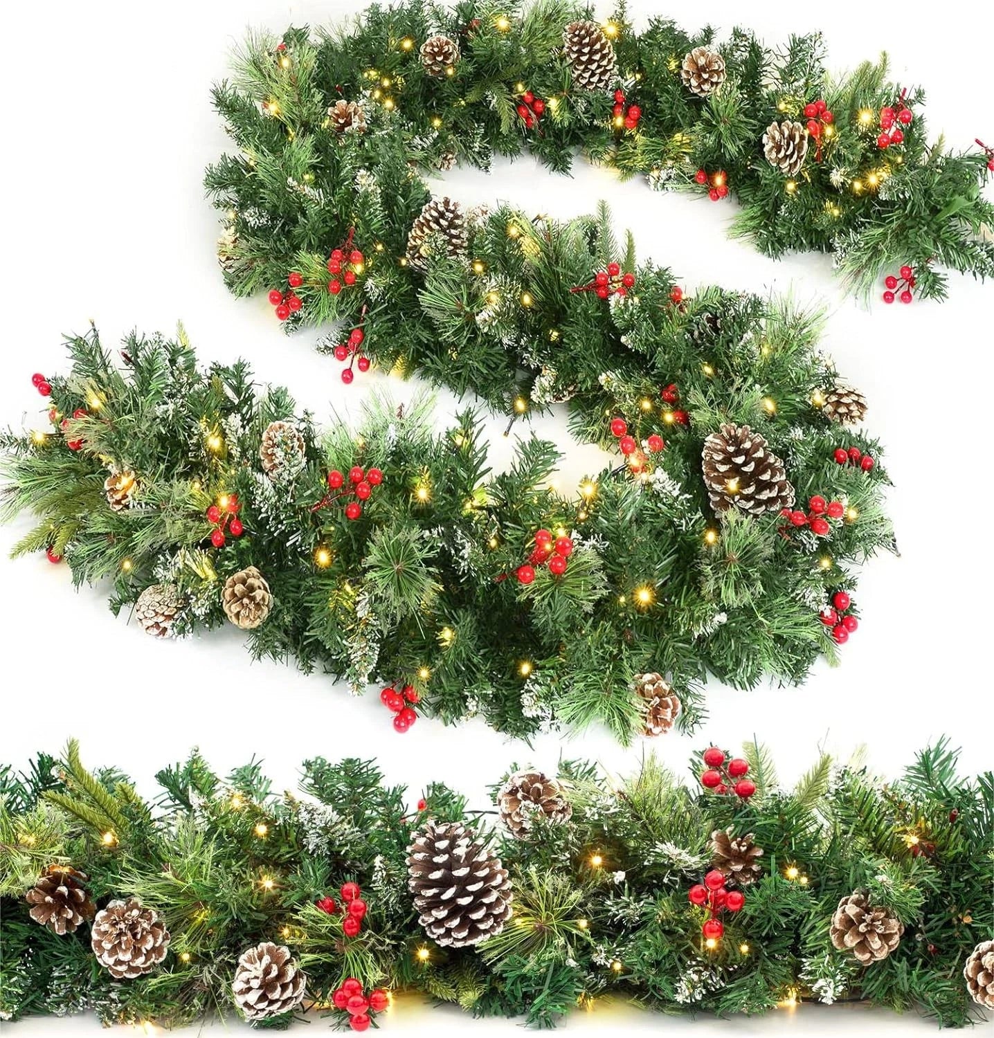 9ft Christmas Garland Snow Flocked With Lights Pinecones Berries Wreath Bushy