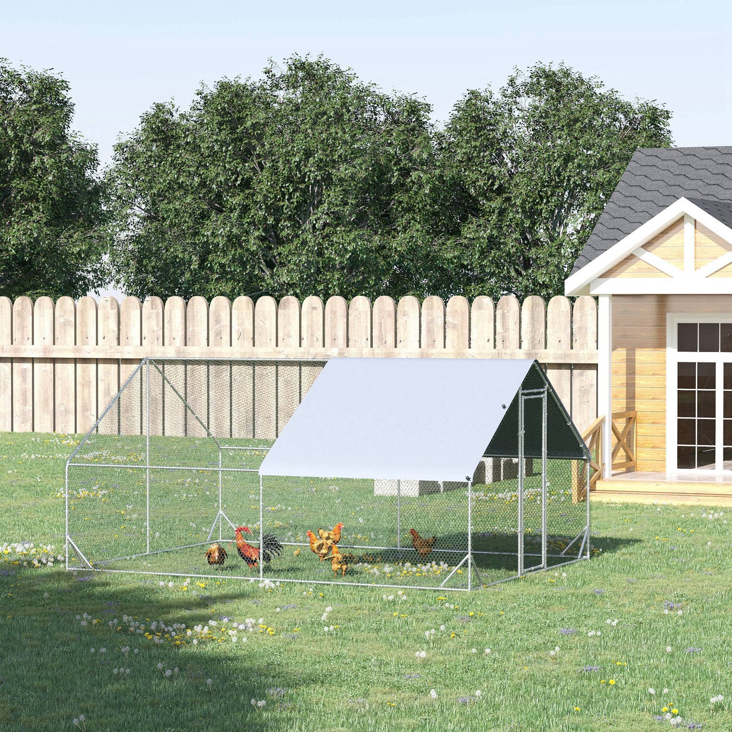 Walk In Chicken Run Galvanized Chicken Coop Hen House w/ Water-Resist Cover