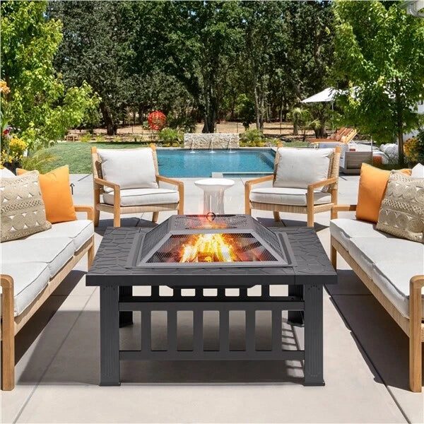 Large Fire Pit BBQ Outdoor Iron Grill Square Garden Table Patio Log Burner Stove