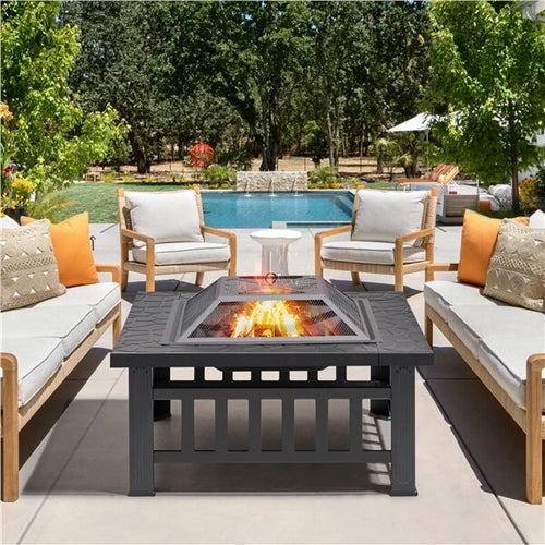Large Fire Pit BBQ Outdoor Iron Grill Square Garden Table Patio Log Burner Stove