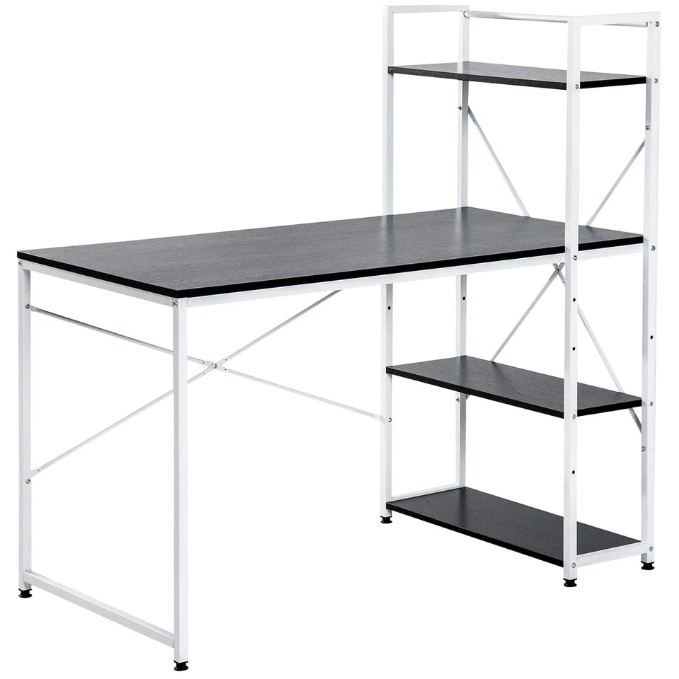 Computer Desk Laptop Table w/4-tier Bookshelf Metal Frame Black, White