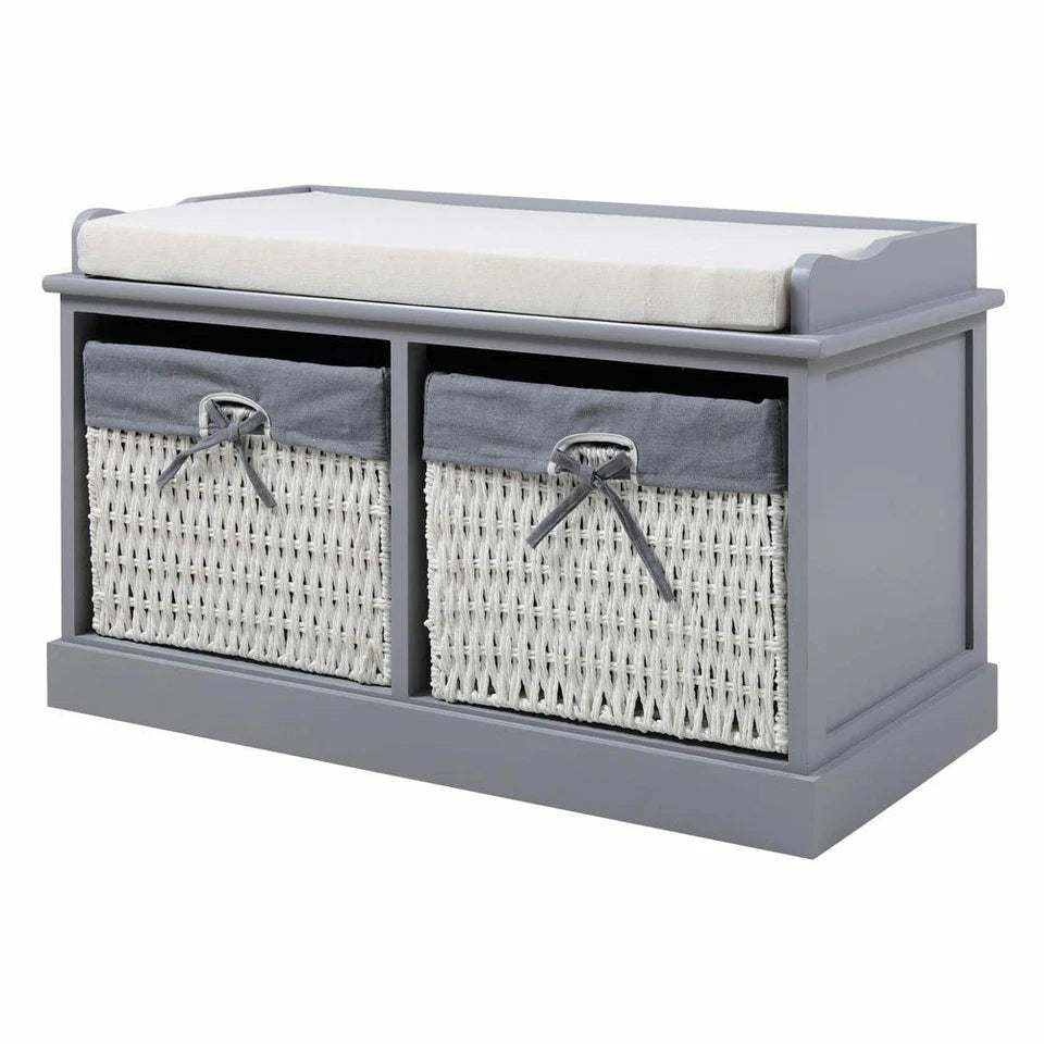 Large Shoe Storage Bench with Seat Cushion And 2 Rattan Basket Organiser Hallway
