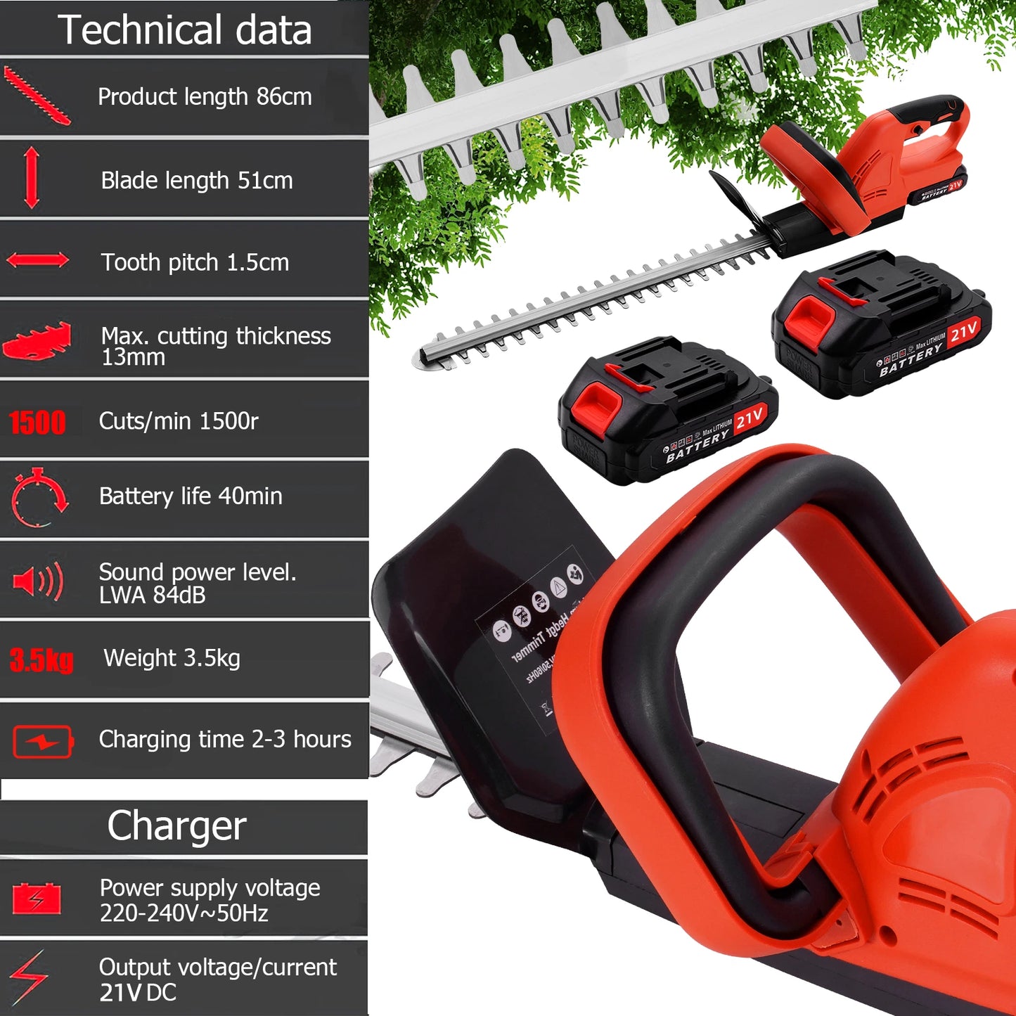 Brushless Cordless Hedge Trimmer Tree Branch Cutter Tool with 2Battery & Charger