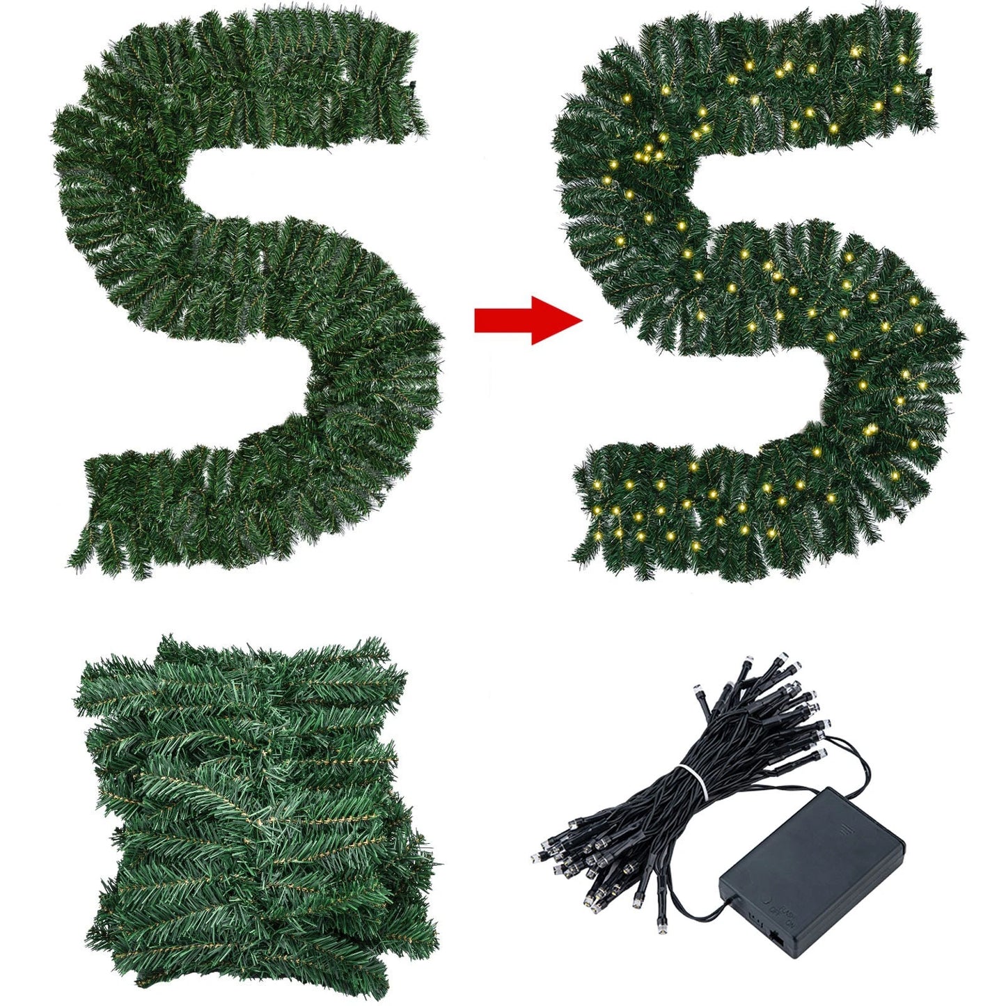 16FT Christmas Garland with LED Lights Pre Lit Stairs Home Fireplace Bushy Pine