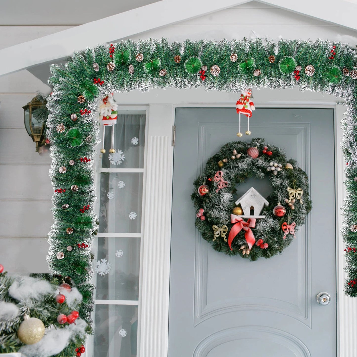 9ft Christmas Garland Snow Flocked With Lights Pinecones Berries Wreath Bushy