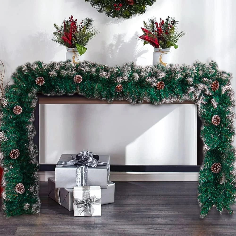 9ft Christmas Garland Snow Flocked With Lights Pinecones Berries Wreath Bushy