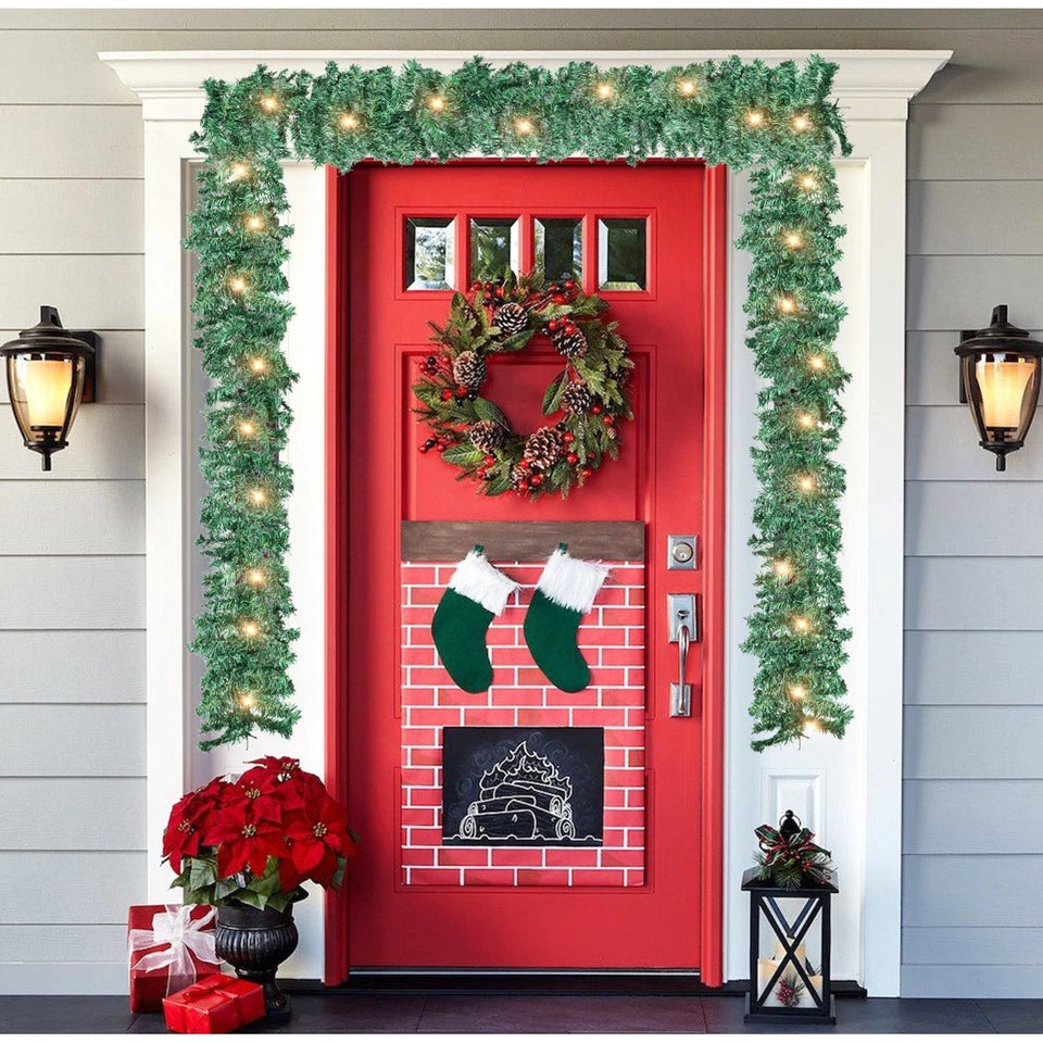 9ft Bushy Pine XMAS Christmas Garland with Lights for Stairs Outdoor Decorations