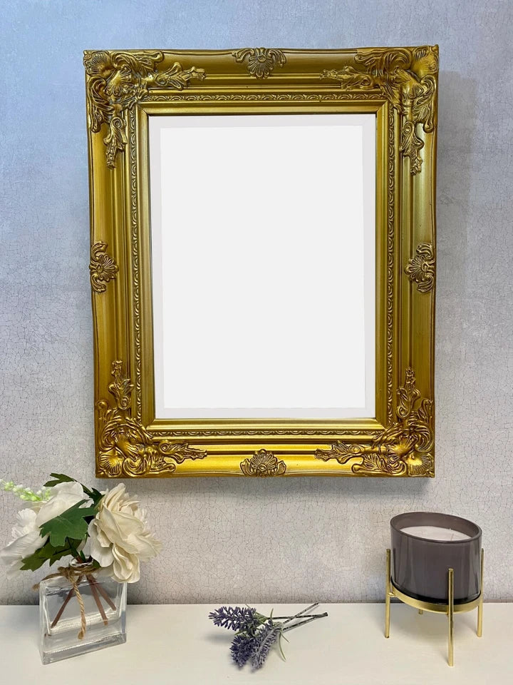 Antique Gold Ornate Wall Mirror with Stunning Hardwood Frame, Size 53 x 43cm