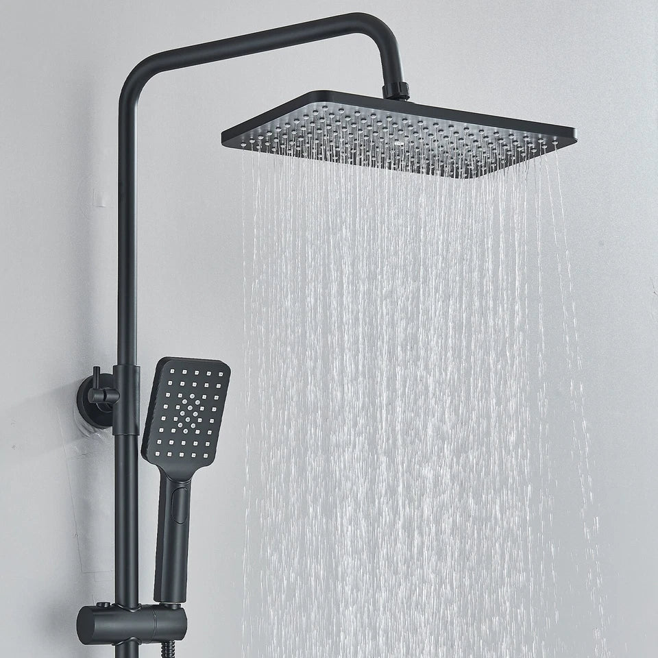 Black Exposed Bathroom Shower Twin Head Large Bar Set Square Valve Rail Hose Tap