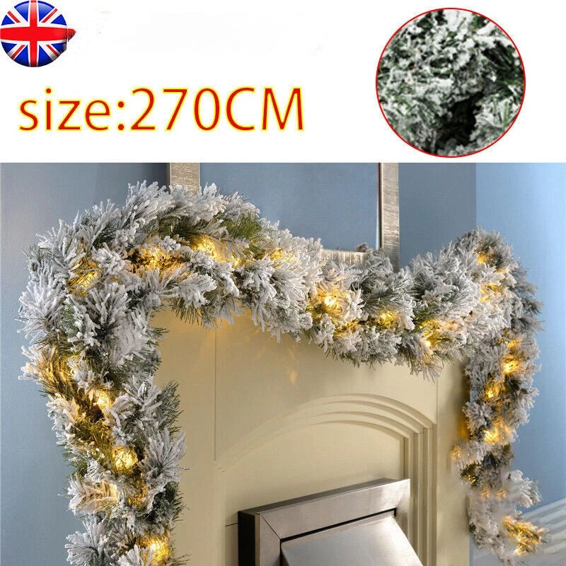 9Ft Christmas LED Pre Lit Garland Snow Flocked Artificial Wreath Xmas Decora