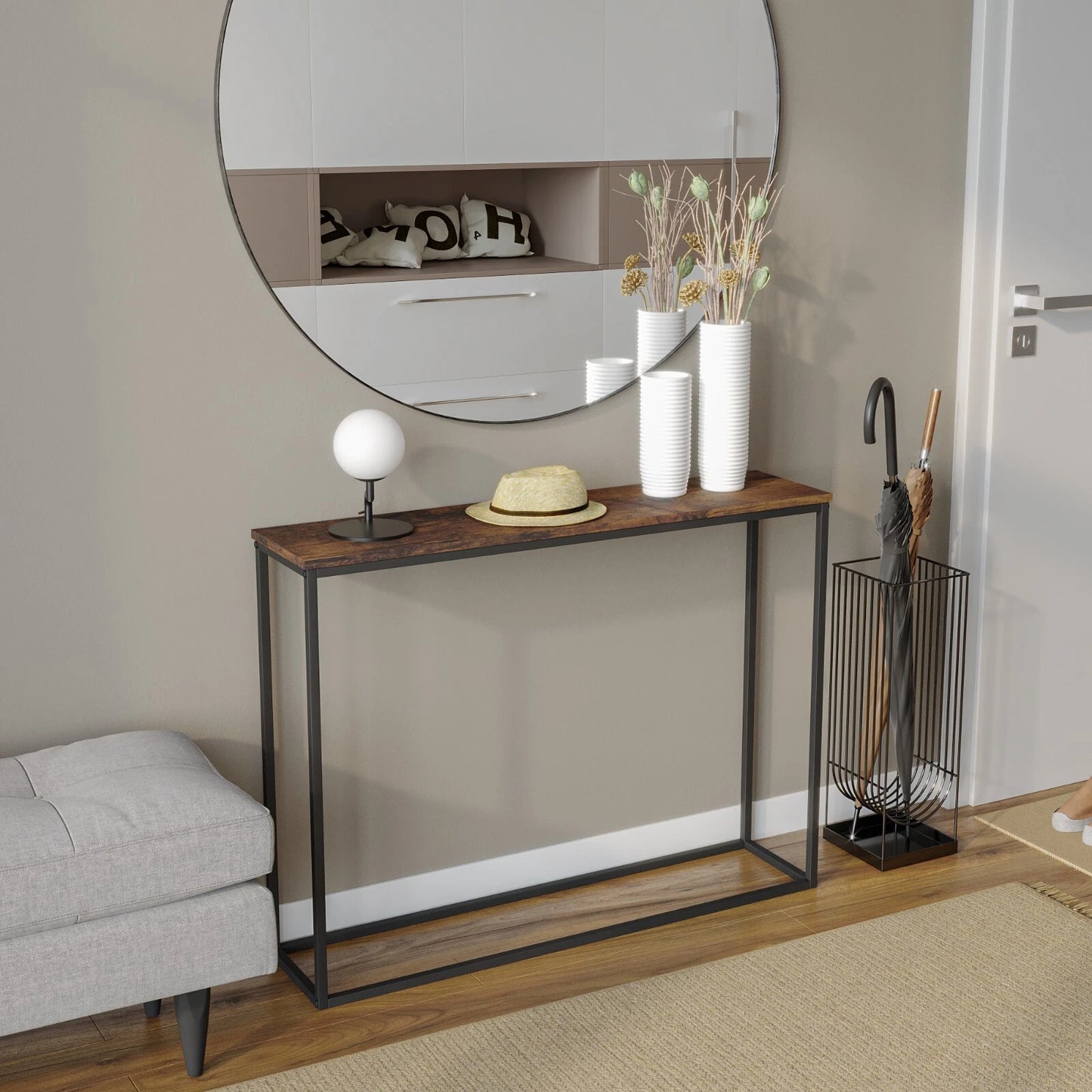 Wooden Free Standing Hallway Console Table Living Room Shelf Display Metal Legs