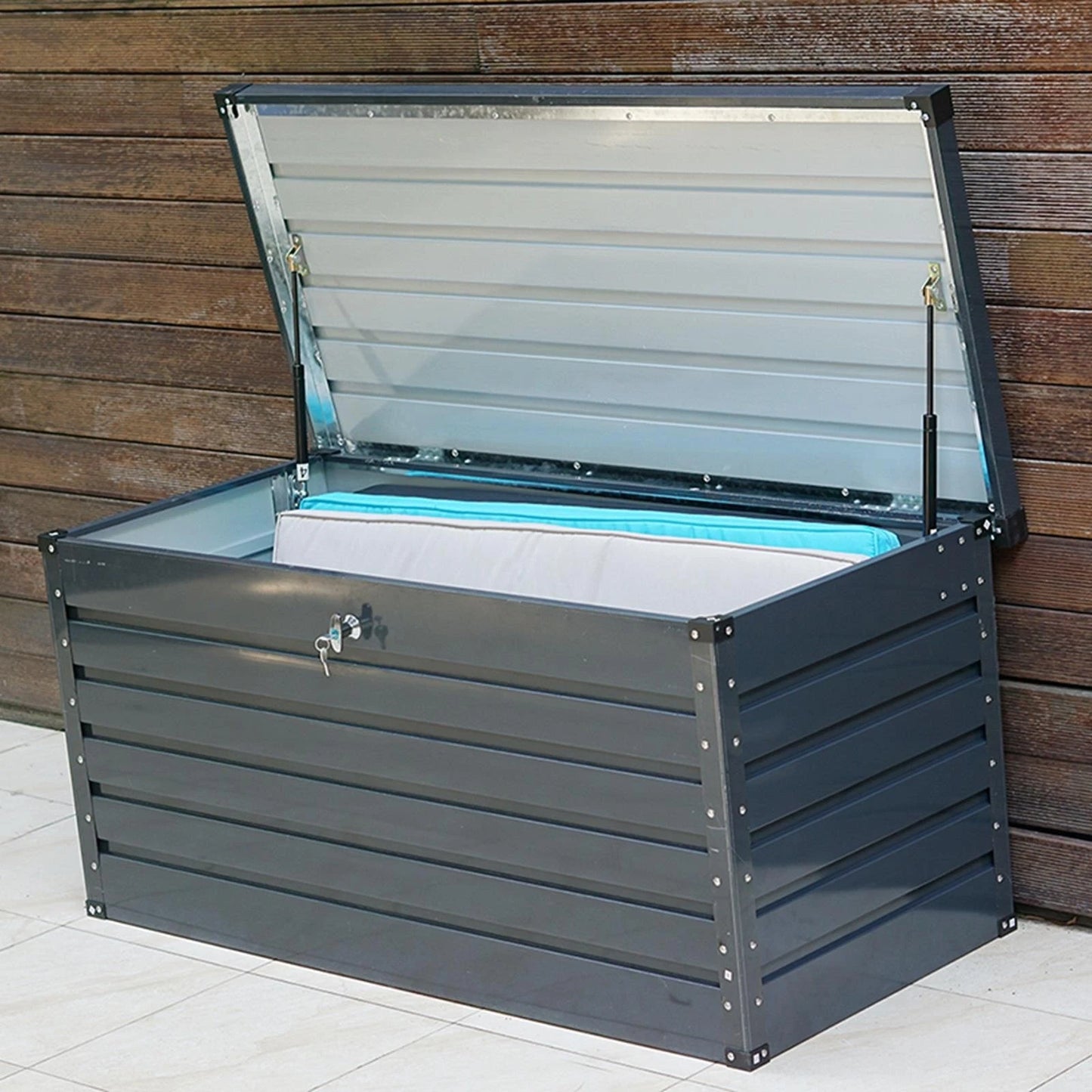 Dark Grey 420L Metal Storage Box Garden Outdoor Shed Utility Cushion Chest Truck