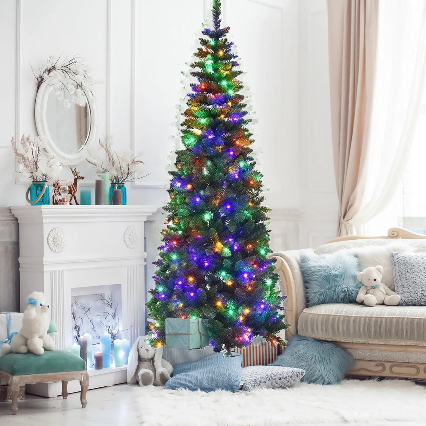 4/5/6/7ft Pencil Slim Christmas Tree with Lights Artificial XMAS Home Decoration